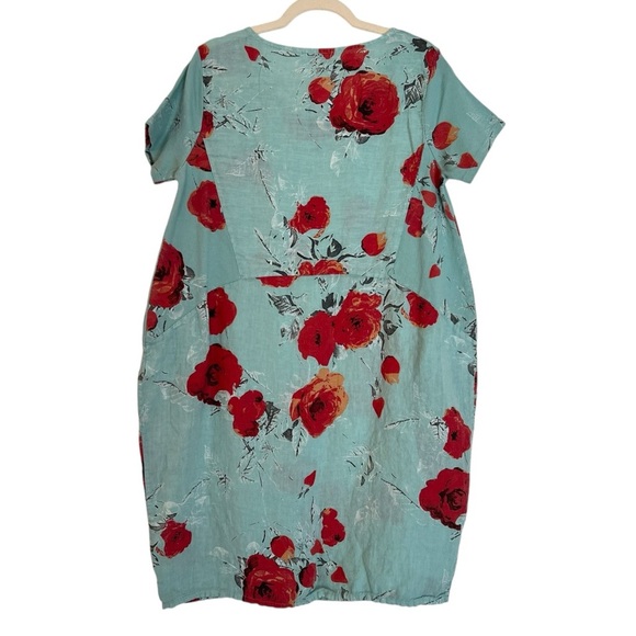 Helga May Italy Relaxed Linen Floral Short Sleeve Dress Light Blue Red Medium - Picture 4 of 6